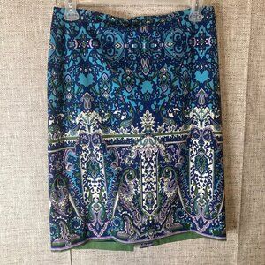 Talbots Blue Green Purple Paisley Damask Pencil Straight Skirt Size 8 With Split